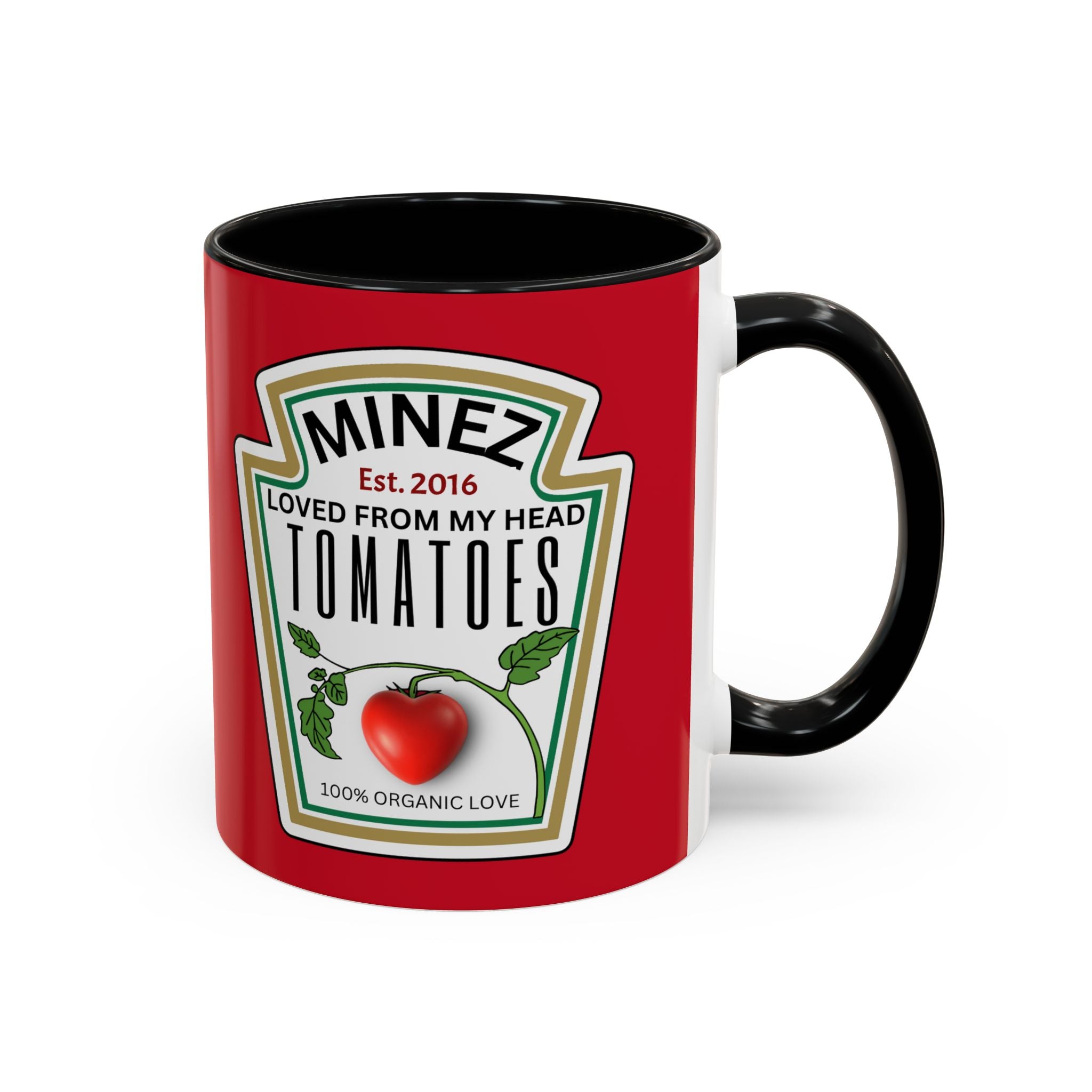 Funny 'Loved From My Head Tomatoes' Accent Coffee Mug — Personalized Date (11/15 oz)