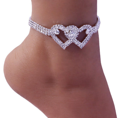 Rhinestone Double Heart Bracelet Anklet
